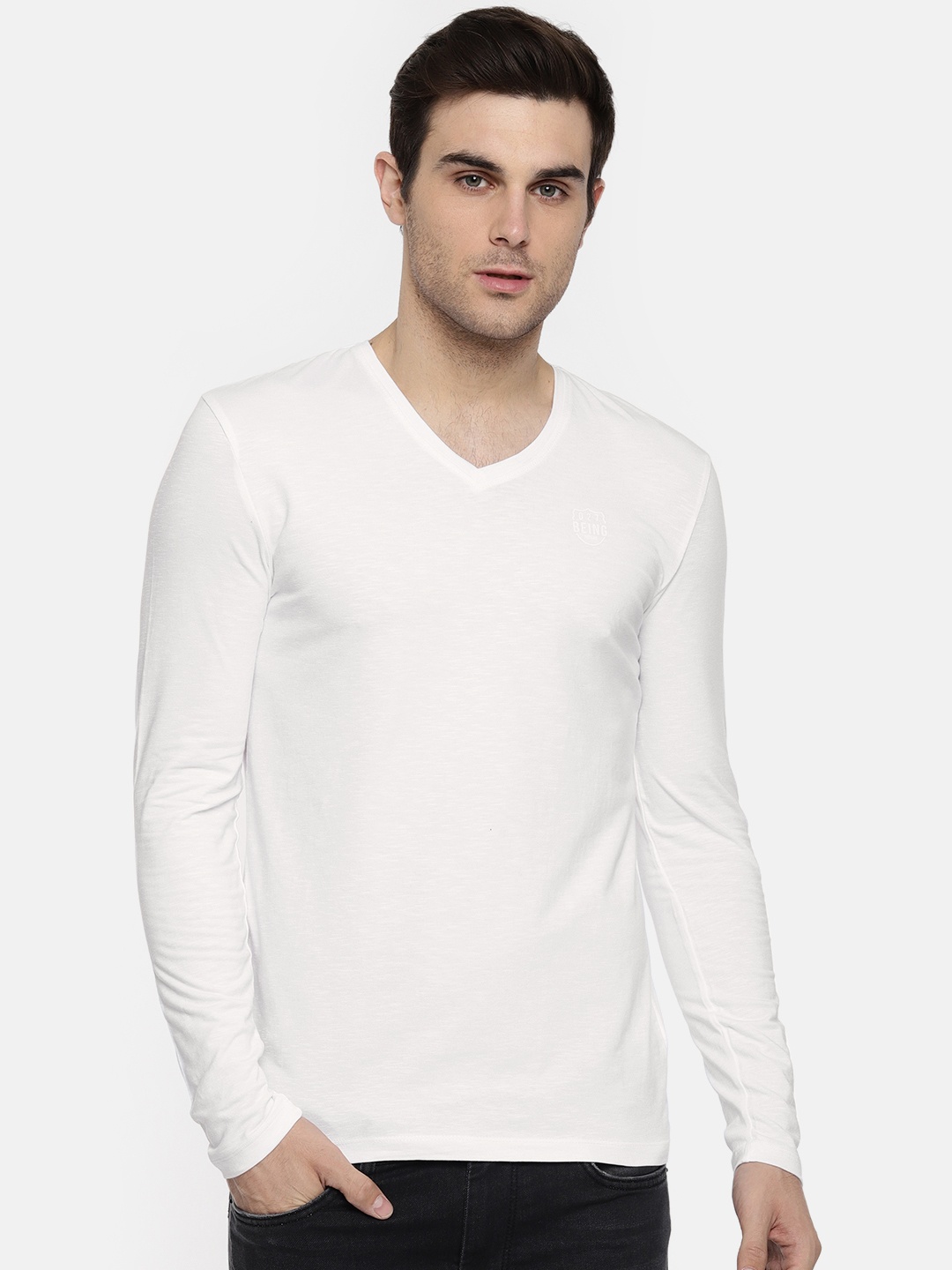 

Being Human Men White Solid V-Neck T-shirt