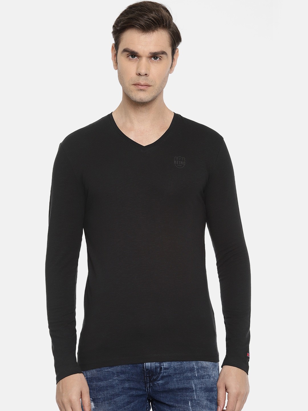 

Being Human Men Black Solid V-Neck T-shirt
