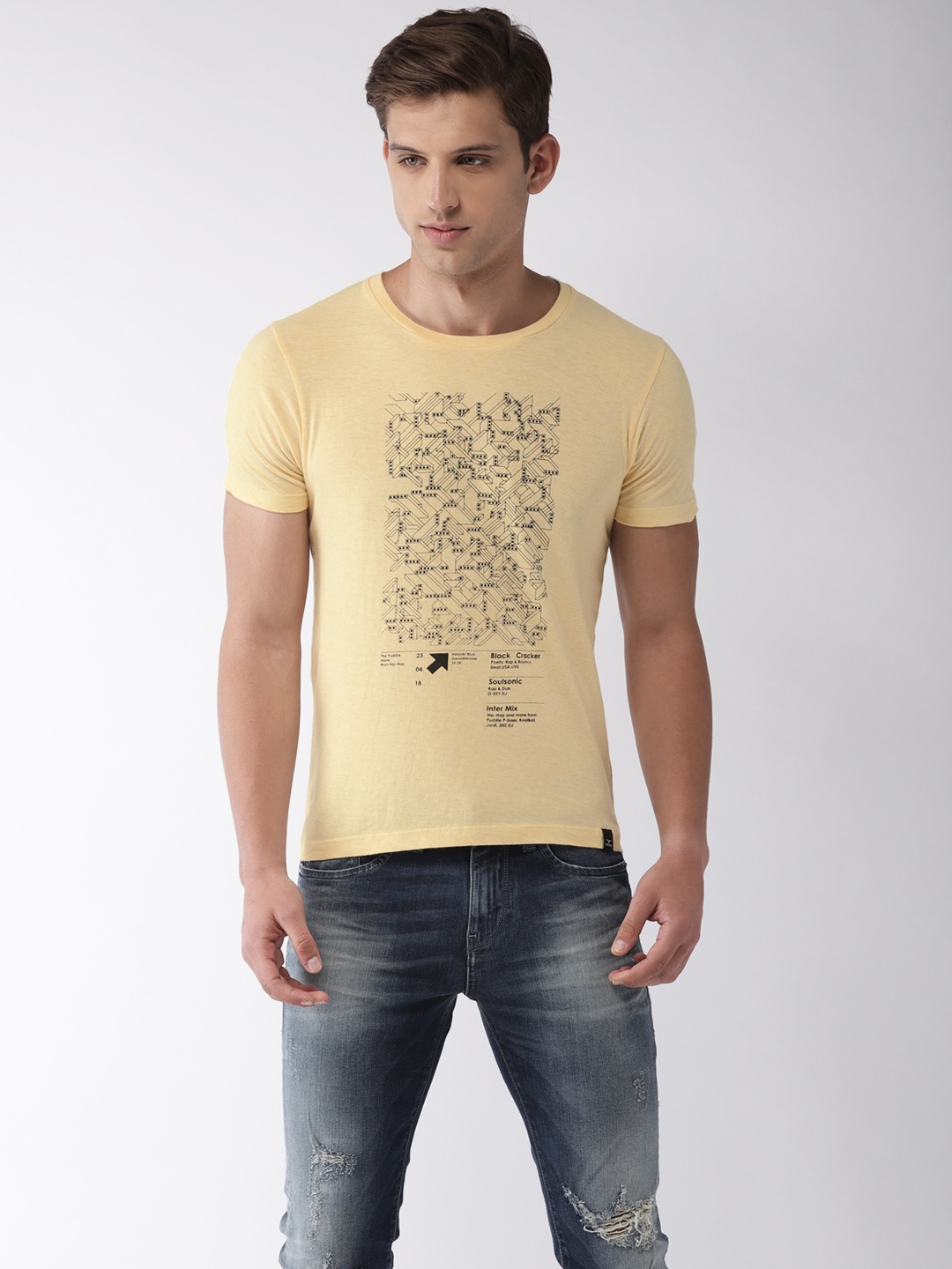 

Flying Machine Men Yellow Printed Round Neck T-shirt