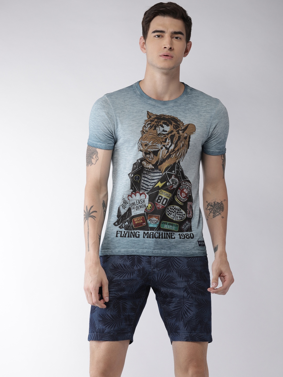 

Flying Machine Men Blue Printed Round Neck Pure Cotton T-shirt