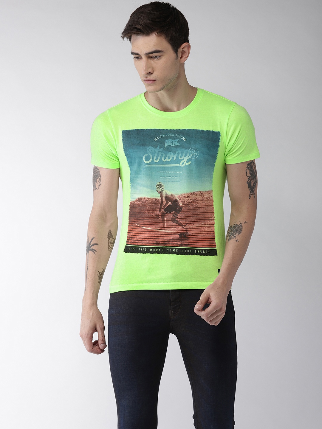 

Flying Machine Men Fluorescent Green Printed Round Neck T-shirt