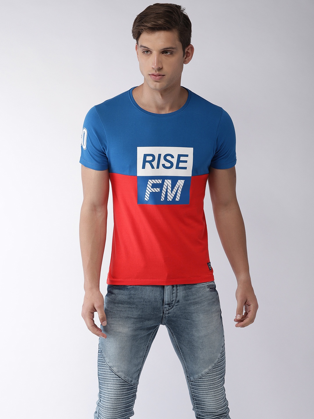 

Flying Machine Men Blue % Red Colourblocked Round Neck Pure Cotton T-shirt