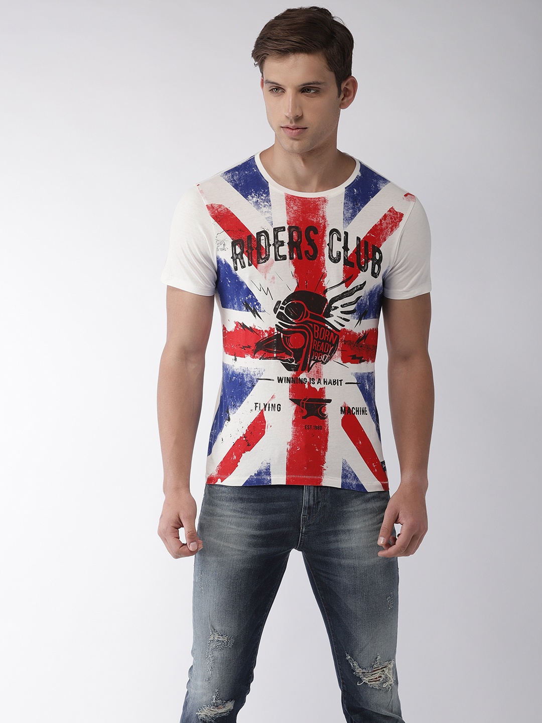 

Flying Machine Men White Printed Round Neck Pure Cotton T-shirt