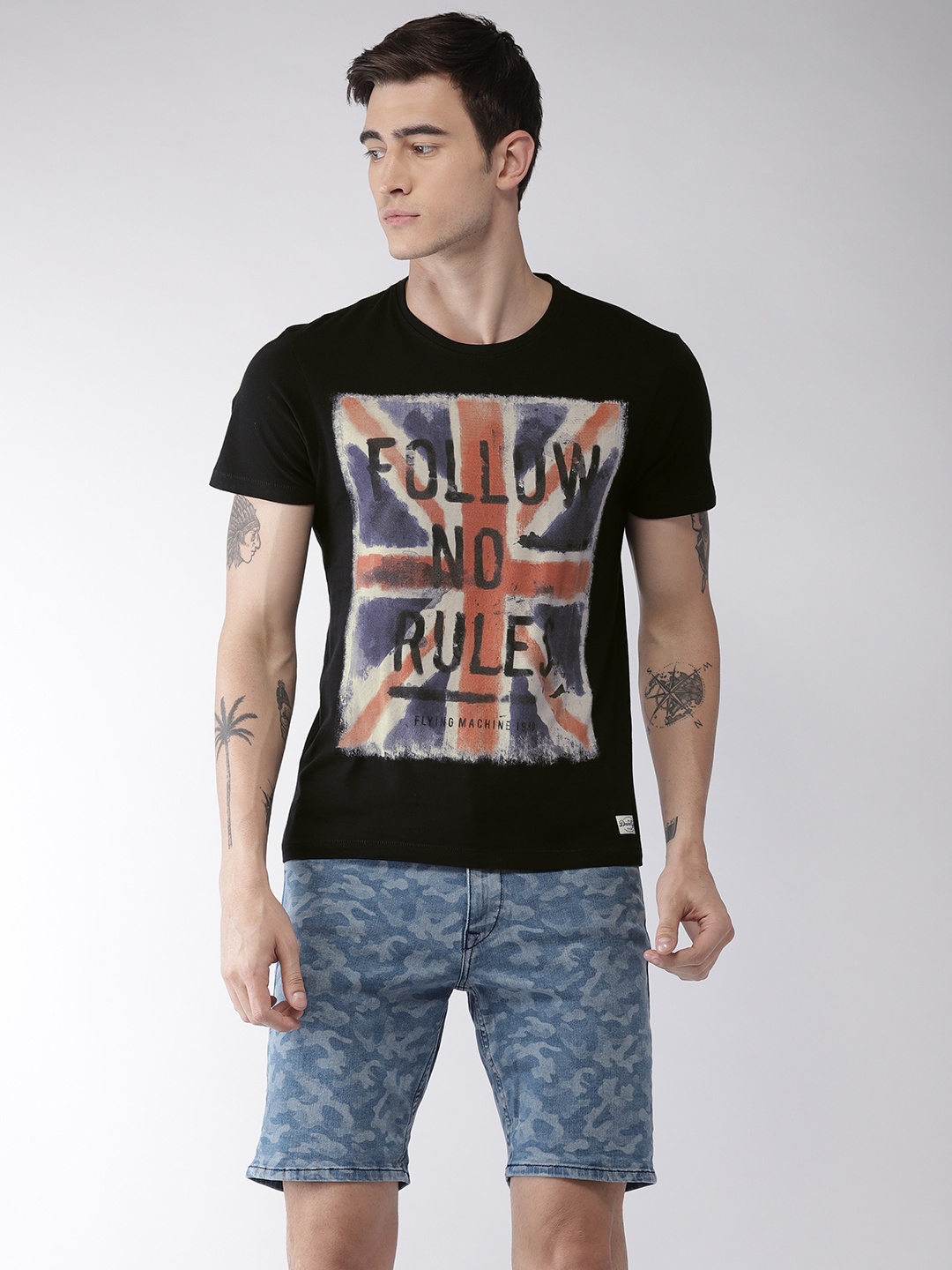 

Flying Machine Men Black Printed Round Neck Pure Cotton T-shirt