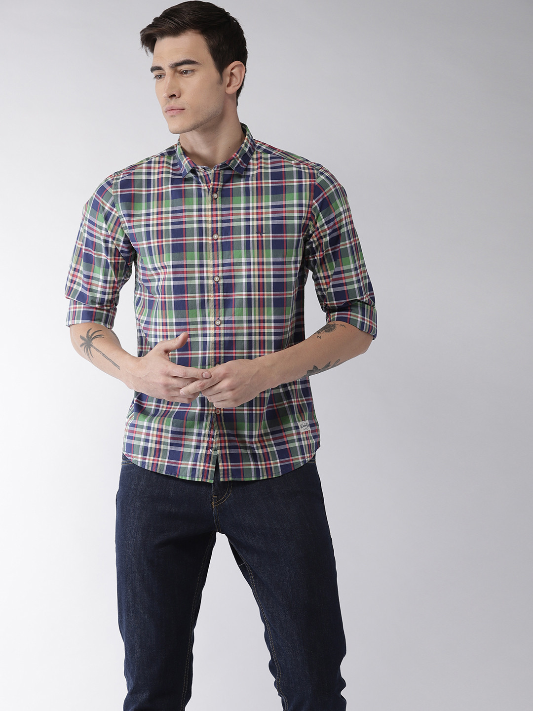 

Flying Machine Men Green & Blue Checked Casual Shirt