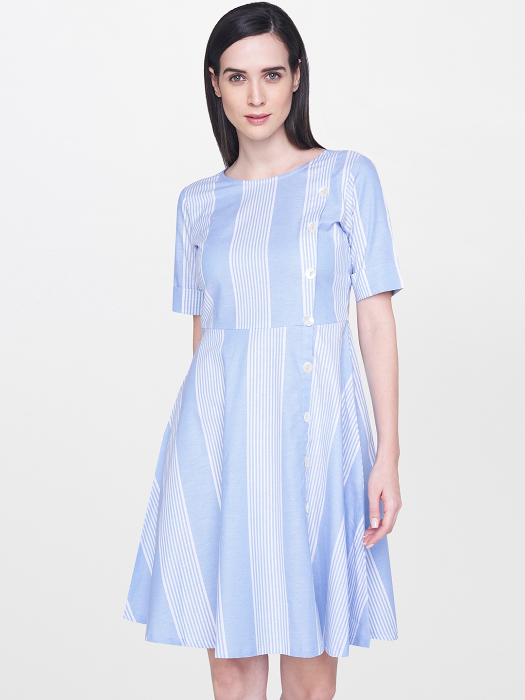 

AND Women Blue & White Striped Fit and Flare Dress