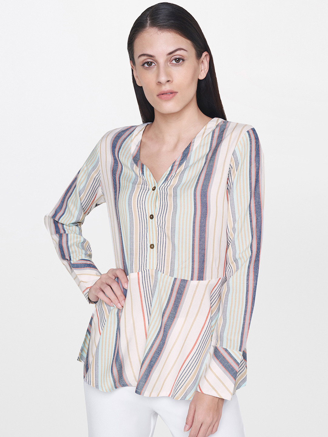 

AND Women Multicoloured Striped A-Line Top, Multi
