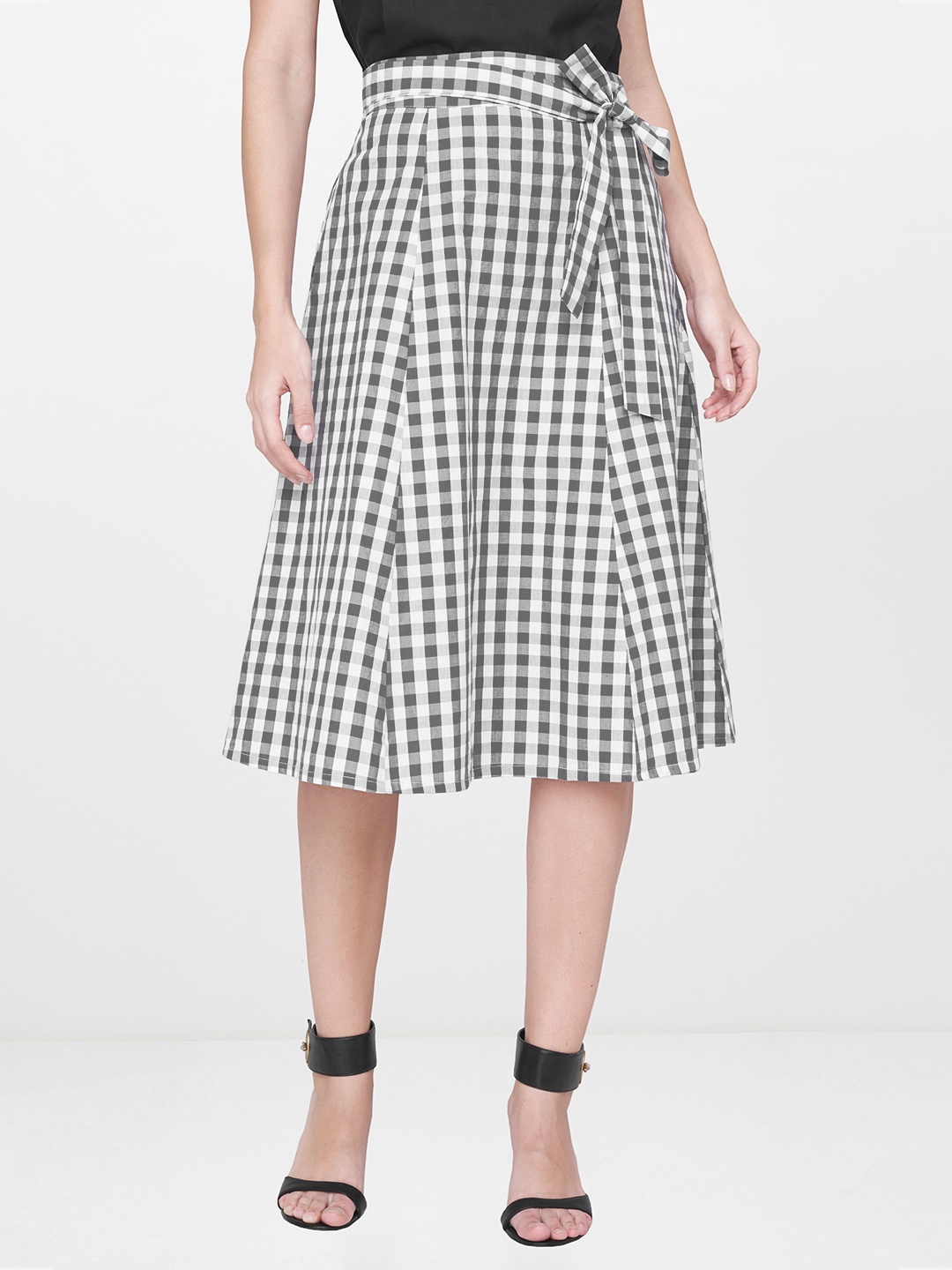 

AND Women Grey & White Checked A-Line Pure Cotton Skirt