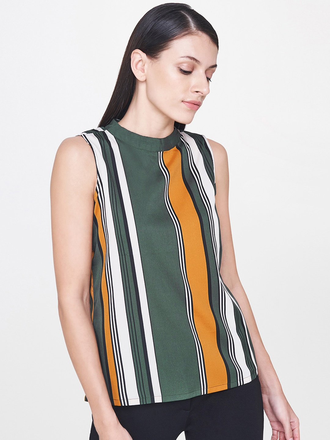 

AND Women Olive Green & Mustard Striped Top