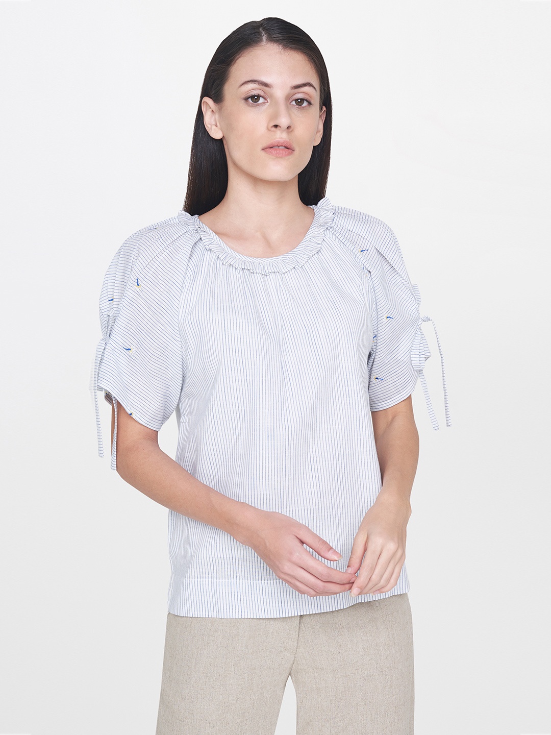 

AND Women White & Blue Striped Pure Cotton Top