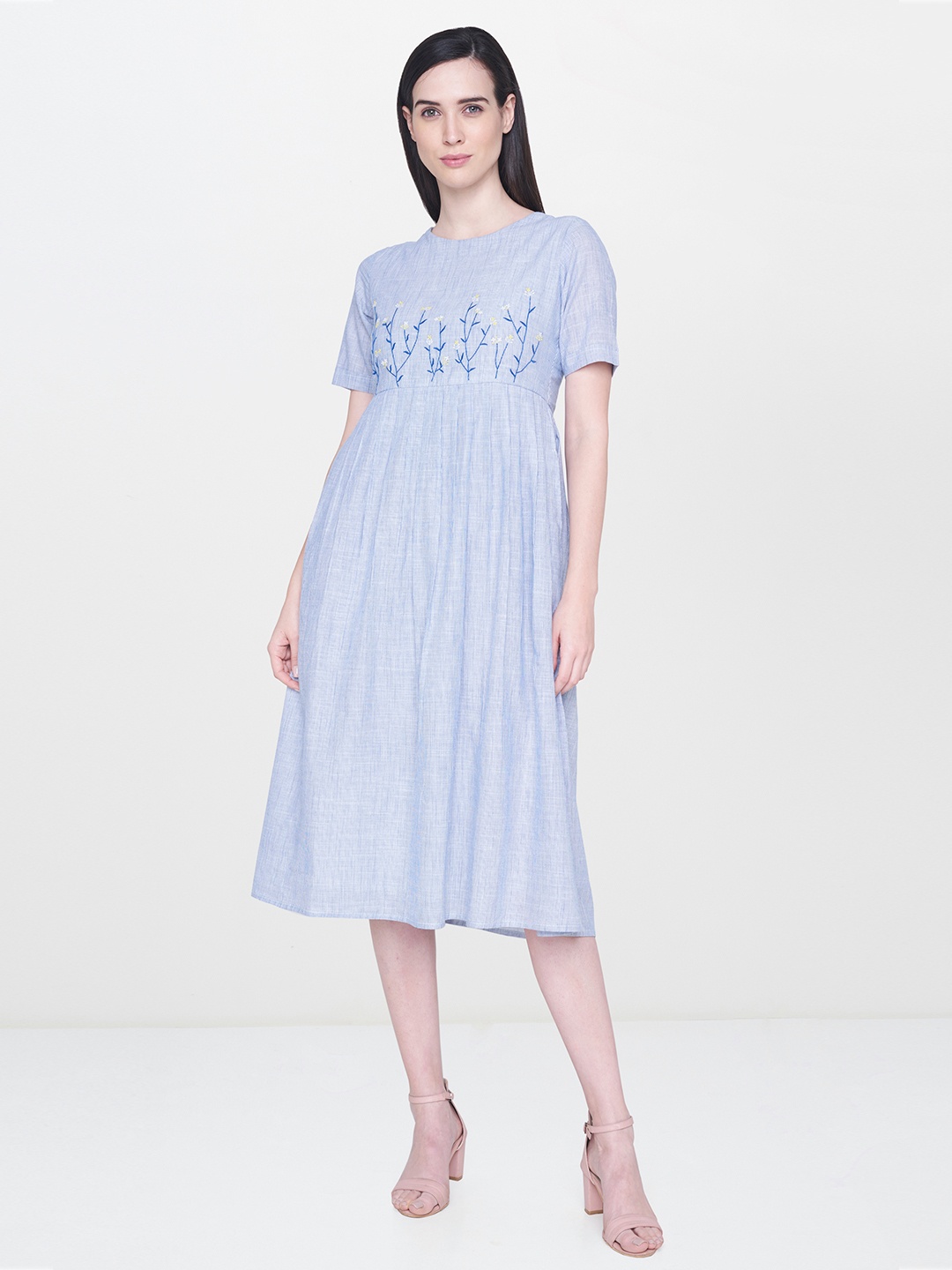 

AND Women Blue Striped A-Line Midi Dress