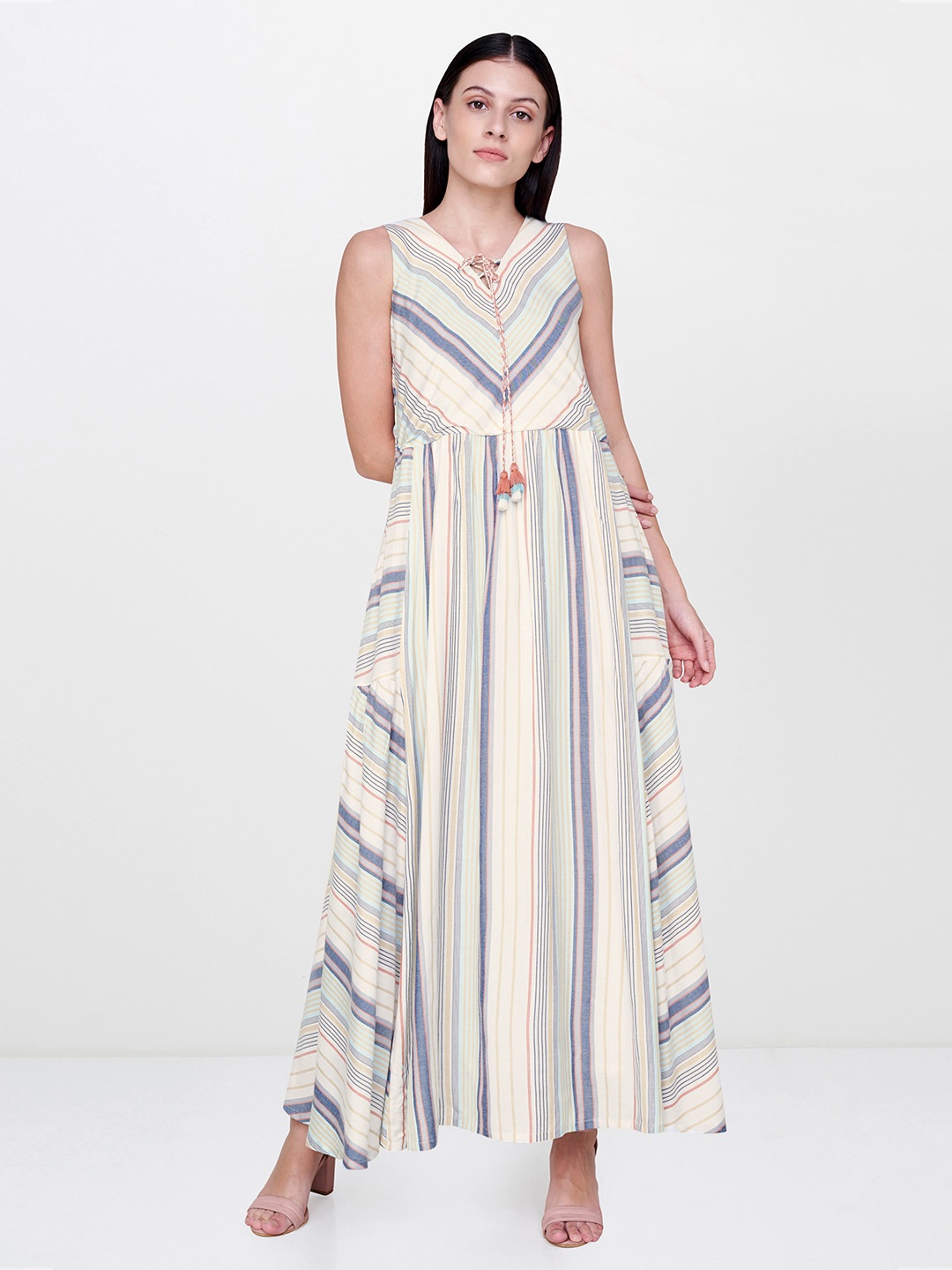 

AND Women White & Blue Striped Maxi Dress