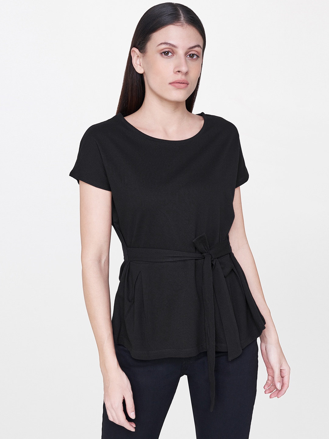 

AND Women Black Solid Peplum Pure Cotton Top