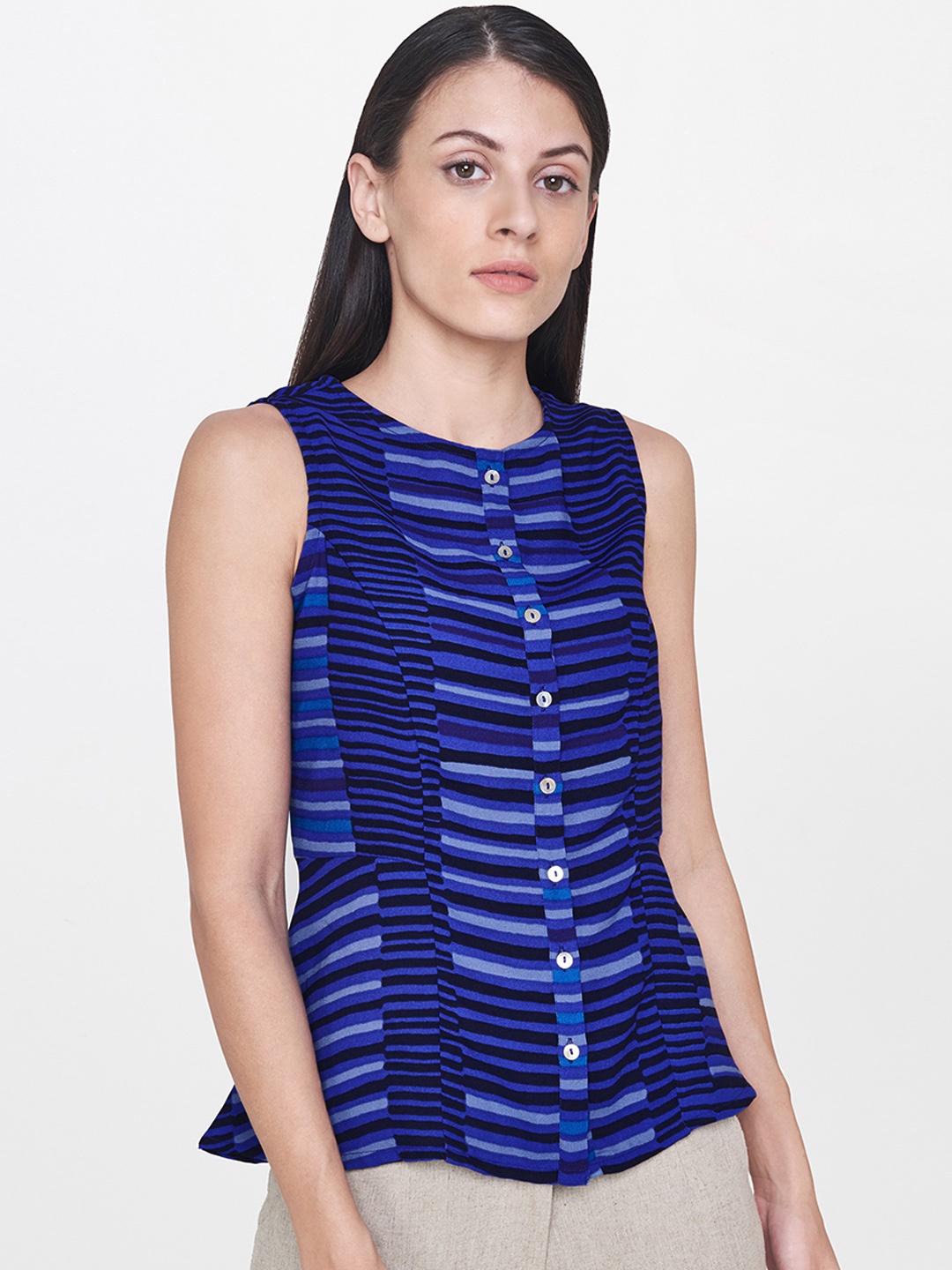 

AND Women Blue Printed Peplum Top
