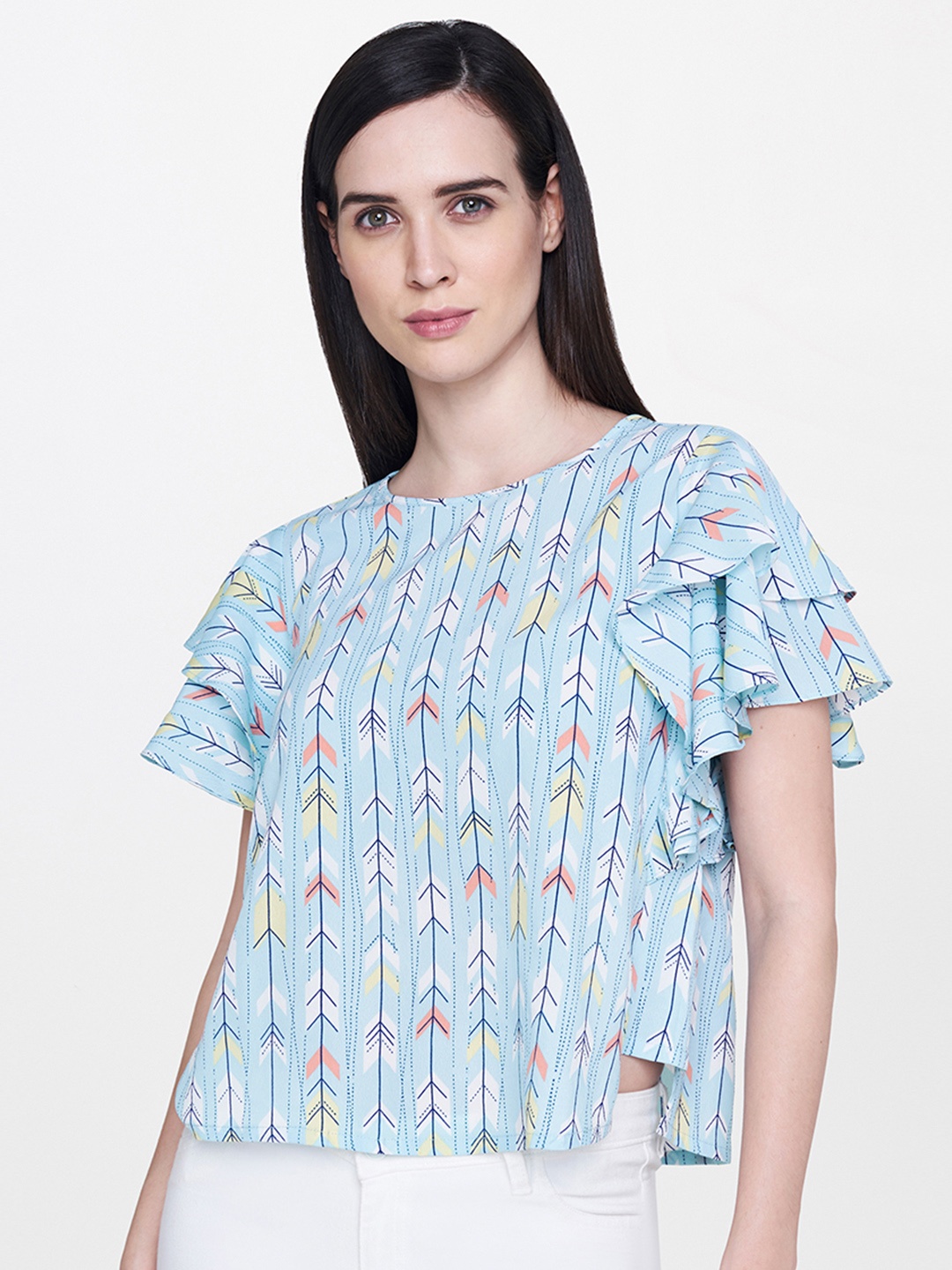 

AND Women Blue Printed Flutter Sleeves Top