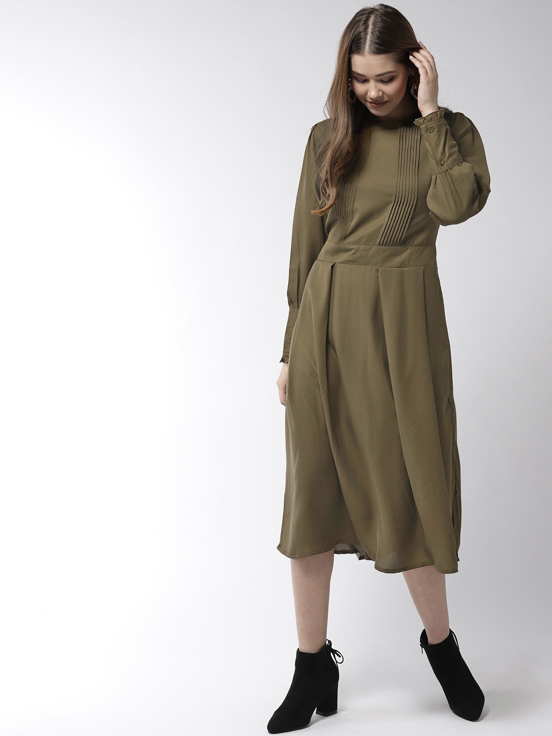 

StyleStone Women Olive Green Solid A-Line Dress