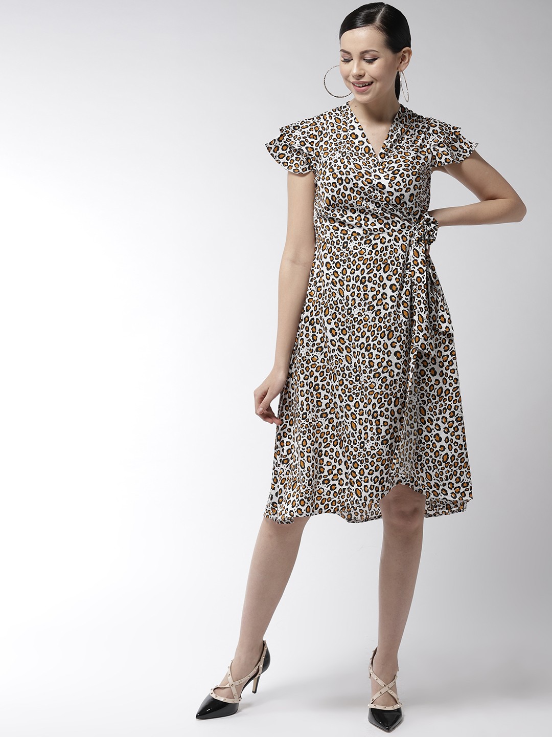 

StyleStone Women White & Black Animal Print Wrap Dress