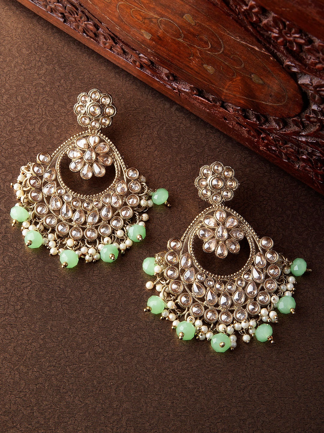 

Rubans Gold-Plated & Green Crescent Shaped Chandbalis