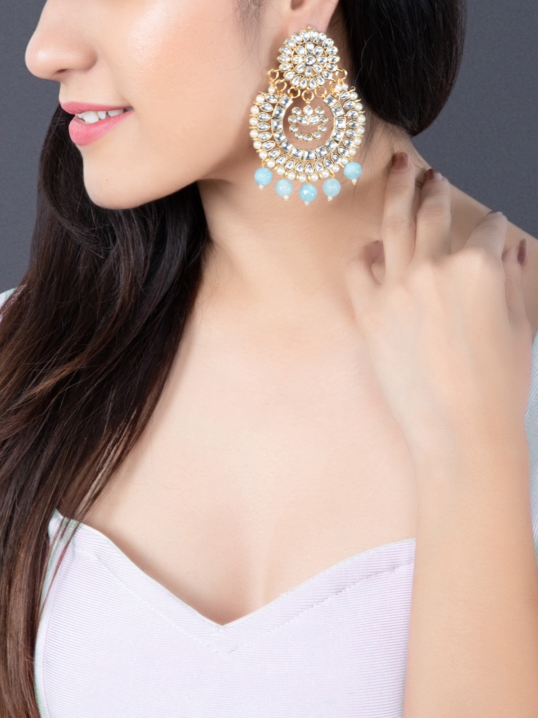 

Rubans Gold-Plated & Blue Handcrafted Crescent Shaped Chandbalis