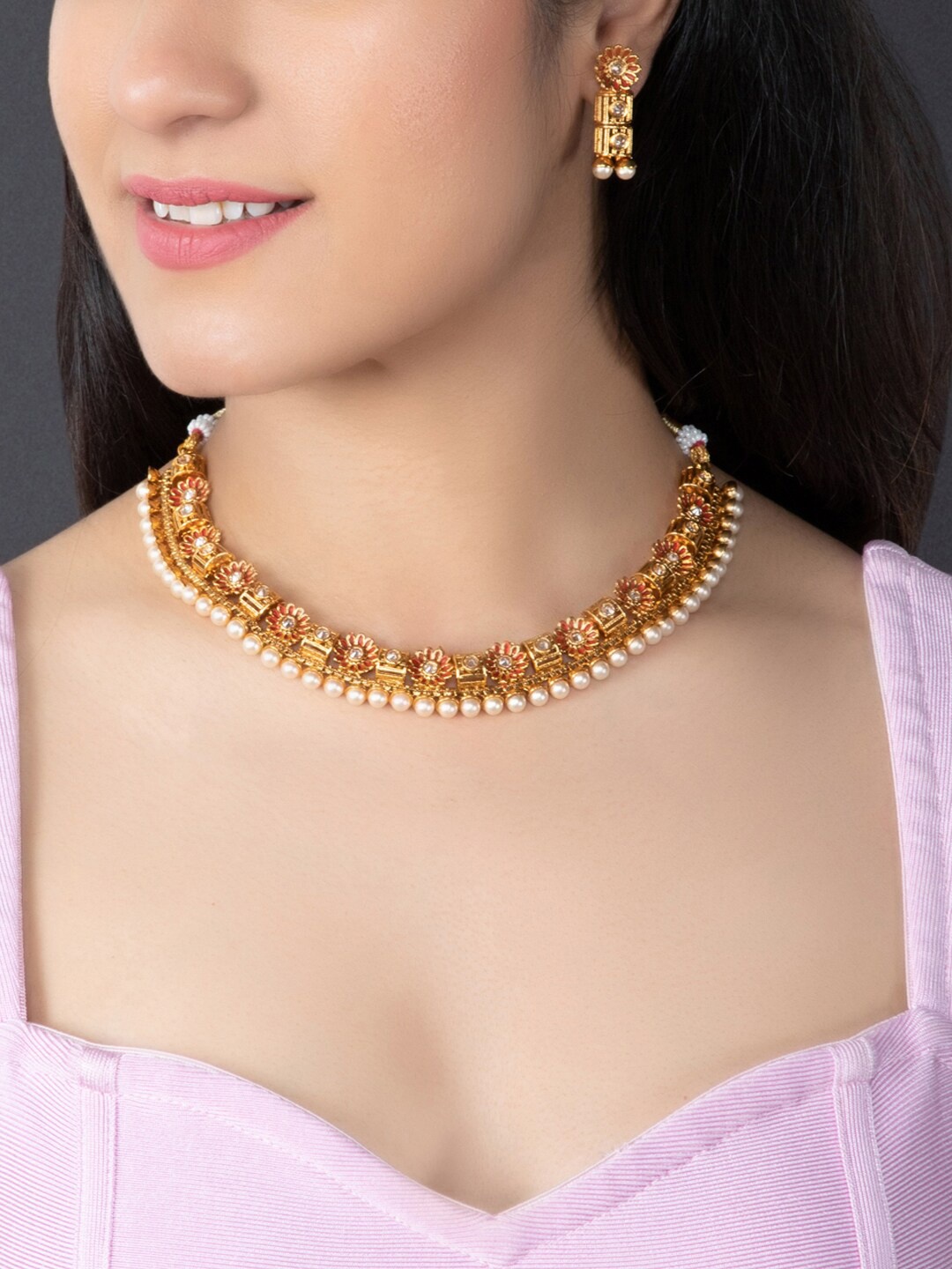 

Rubans Women Gold-Plated & Red Handpainted Stone-Studded With Pearls Jewellery Set