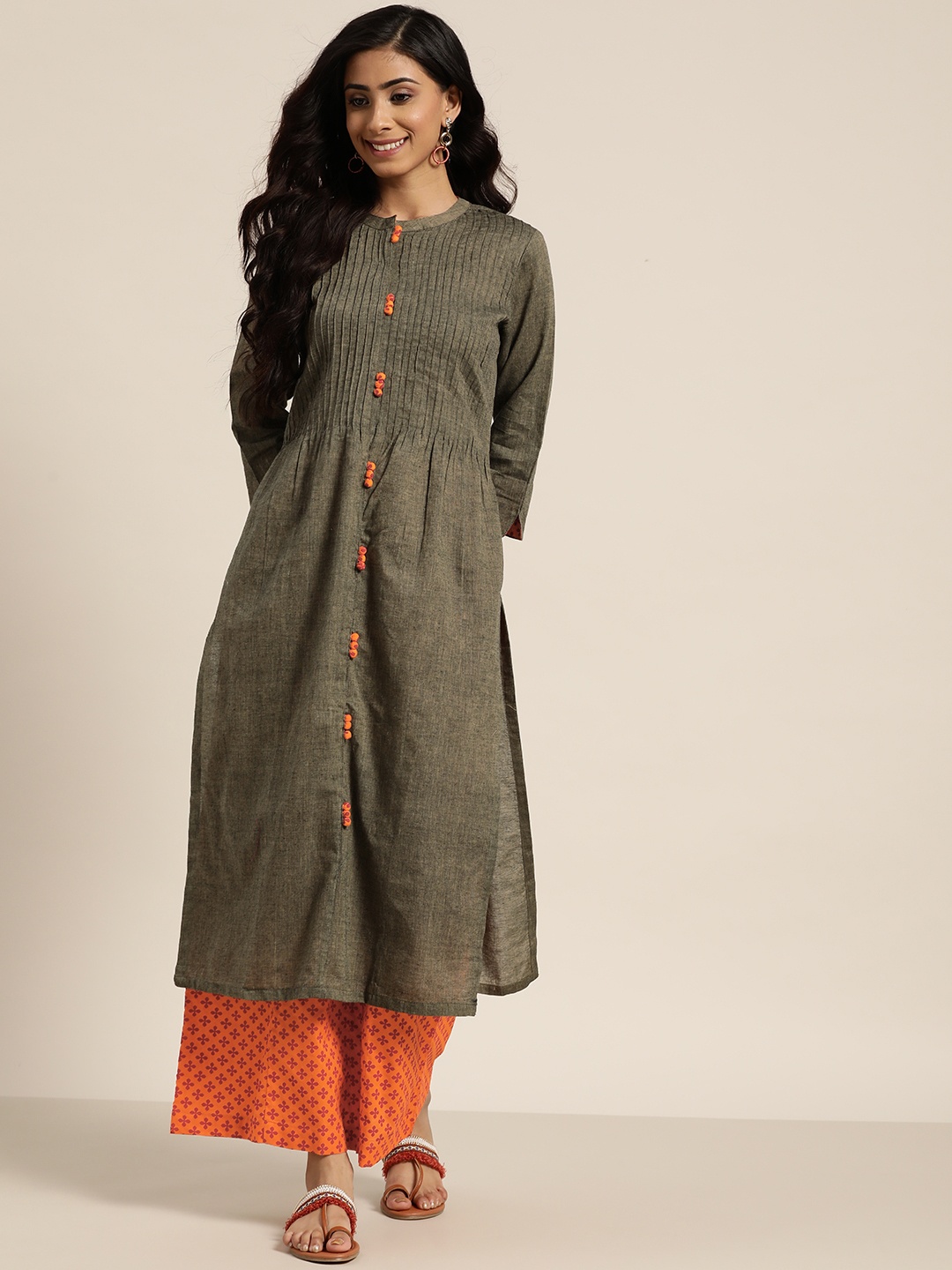 

Sangria Women Taupe & Orange Pure Cotton Solid Kurta with Palazzos