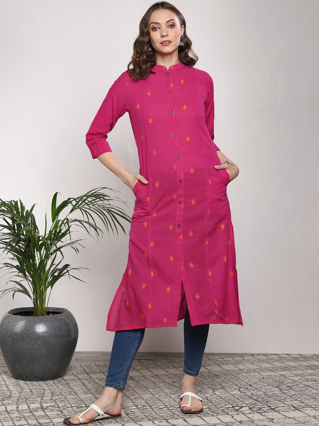 

Sangria Women Pink Woven Design A-Line Fusion Kurta