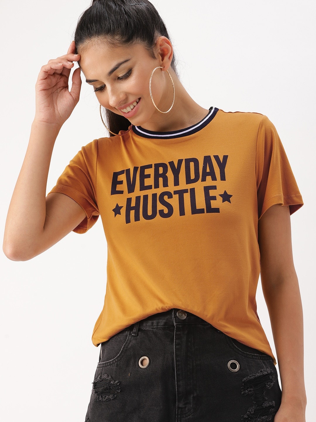 

DressBerry Women Stylish Mustard Typography Joyful Conversation Tshirt