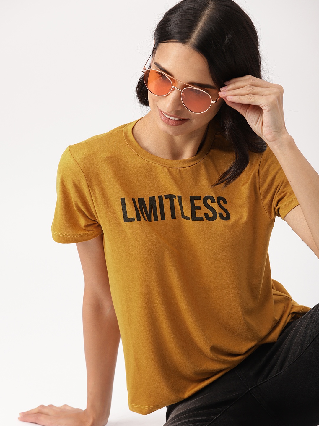 

DressBerry Women Mustard Brown Printed Round Neck T-shirt