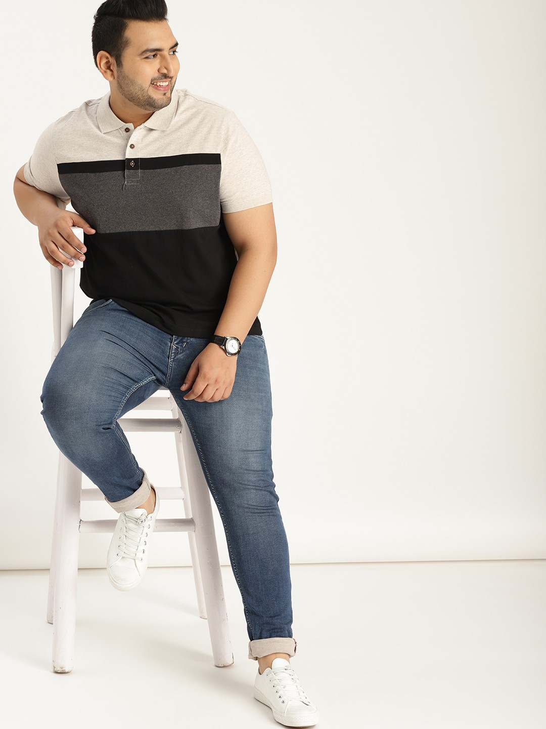 

Sztori Plus Size Men Black Grey Colourblocked Polo Collar T-shirt