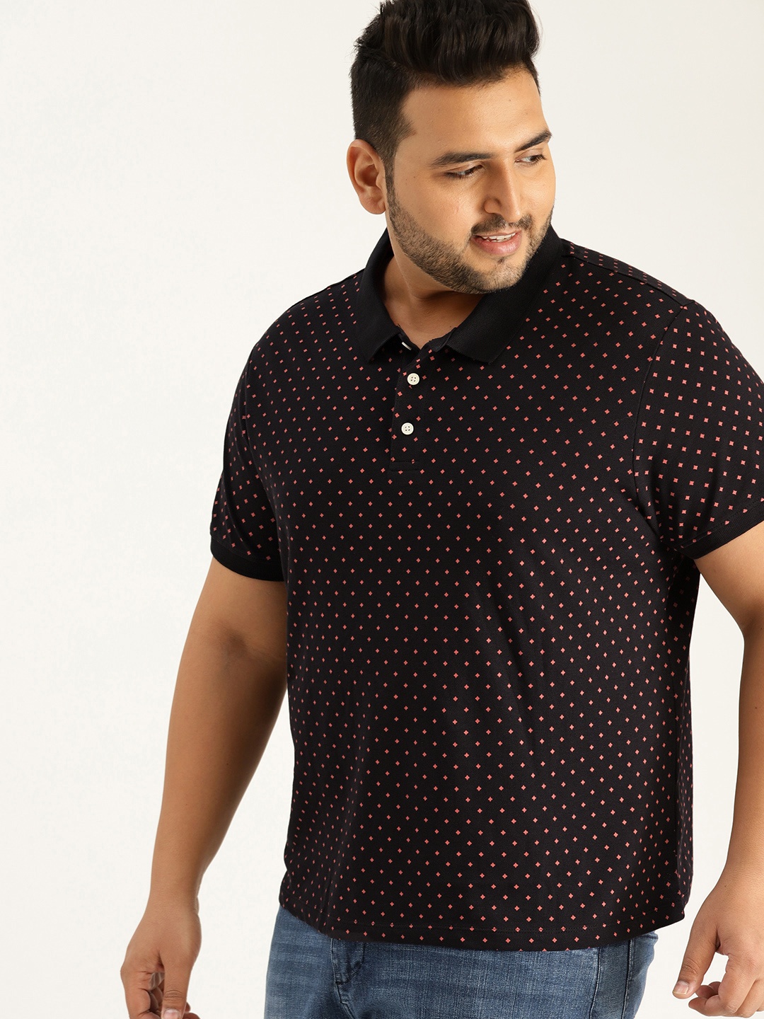 

Sztori Plus Size Men Black Pink Printed Polo Collar T-shirt