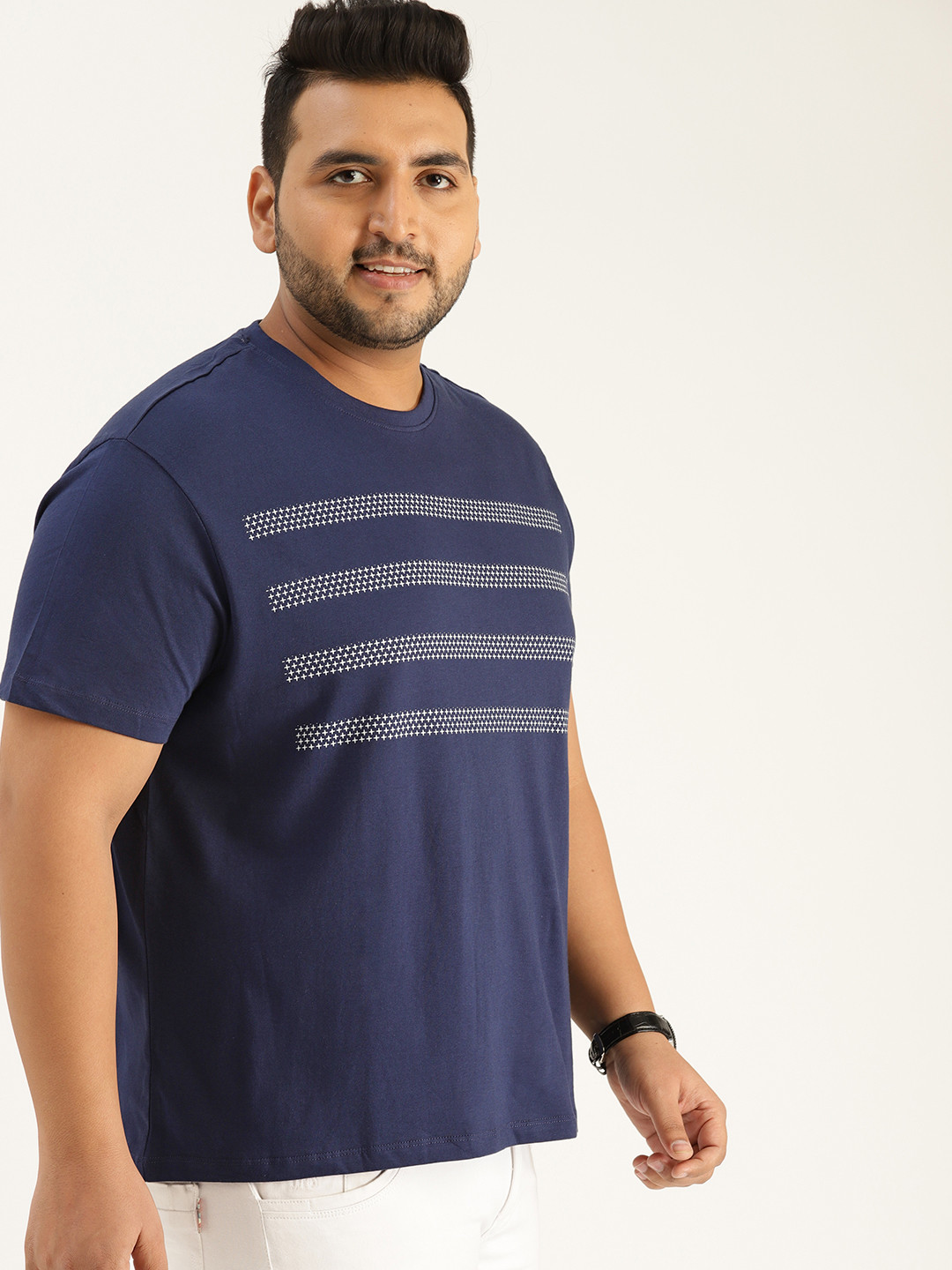 

Sztori Plus Size Men Navy Blue Striped Round Neck T-shirt