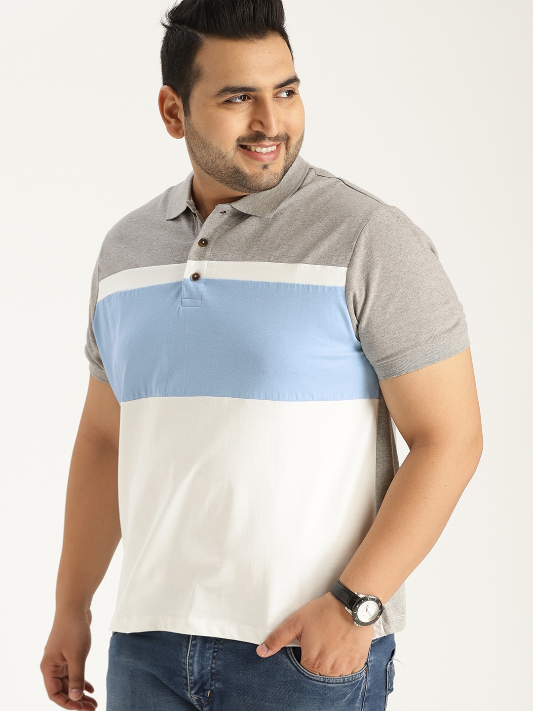

Sztori Plus Size Men White Colourblocked Polo Collar T-shirt
