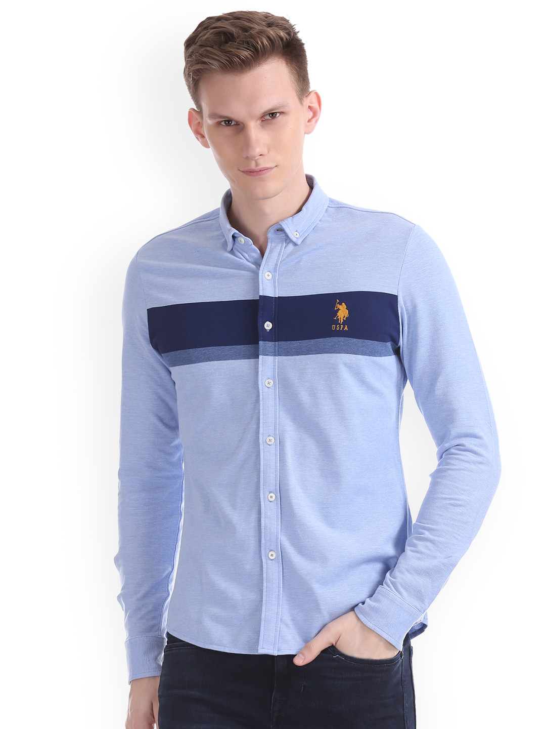

U.S. Polo Assn. Men Blue Regular Fit Striped Casual Shirt