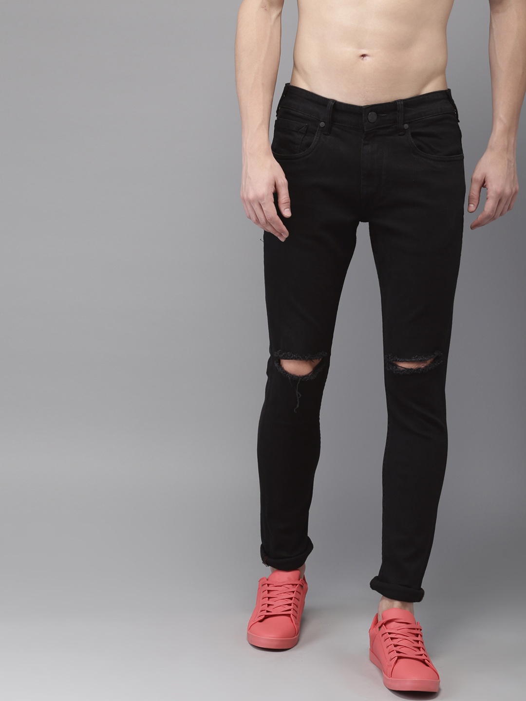 

HERE&NOW Men Black Skinny Fit Low-Rise Slash Knee Stretchable Jeans