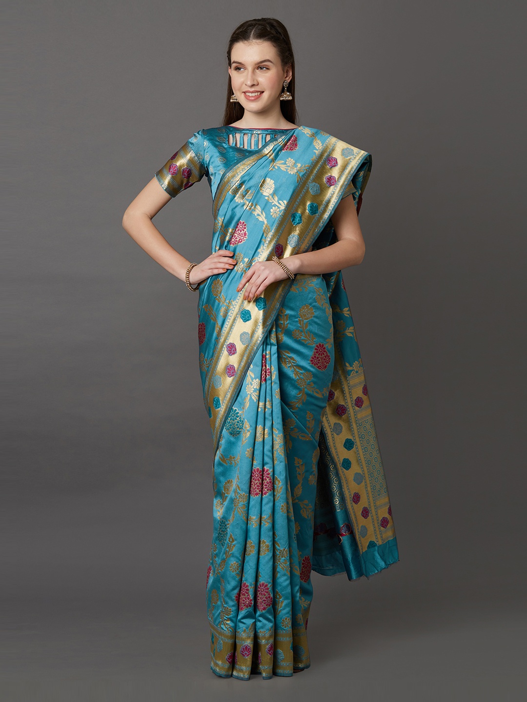 

Mitera Teal & Golden Woven Design Kanjeevaram Saree