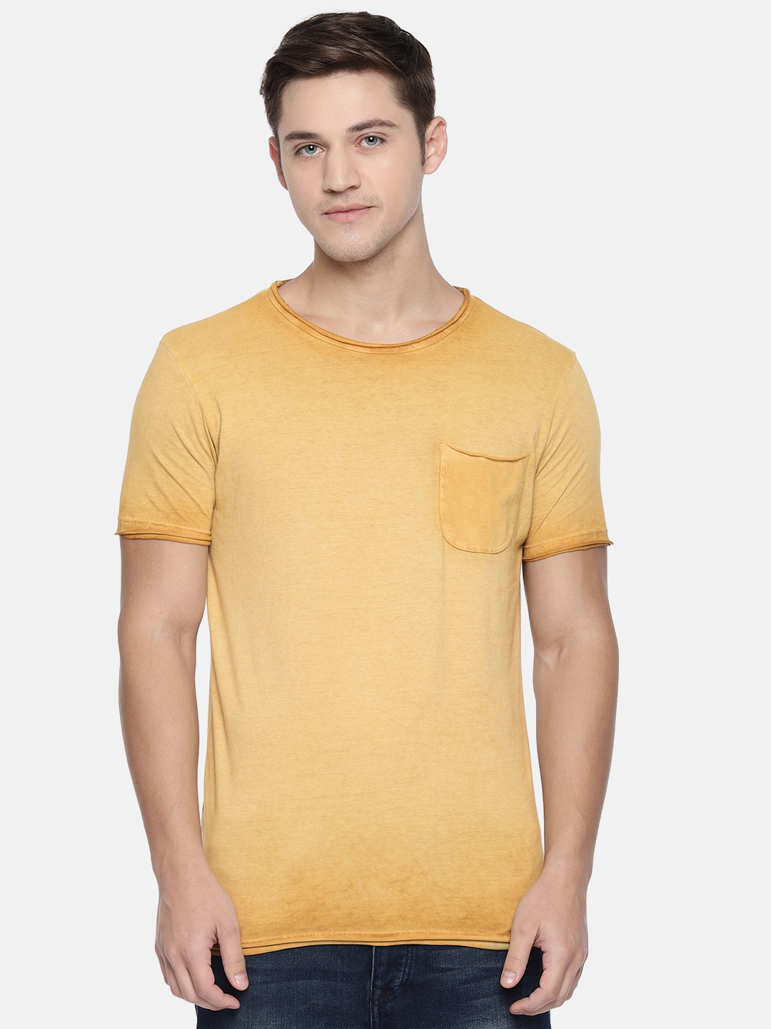 

Jack Jones Men Yellow Dyed Slim Fit Round Neck Pure Cotton T-shirt