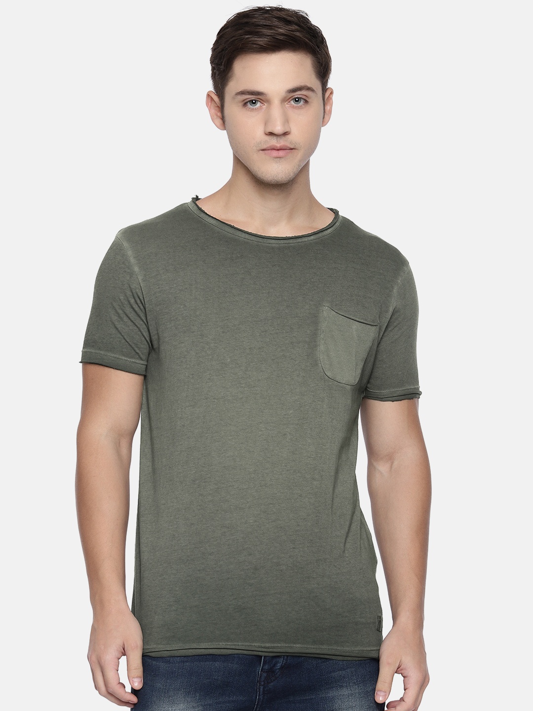 

Jack Jones Men Olive Green Dyed Slim Fit Round Neck Pure Cotton T-shirt