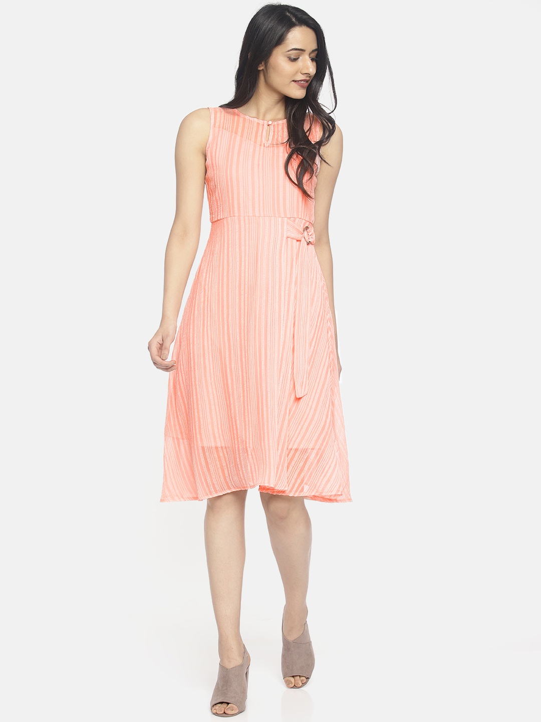 

CODE by Lifestyle Women Coral Pink & White Self Design A-Line Dress