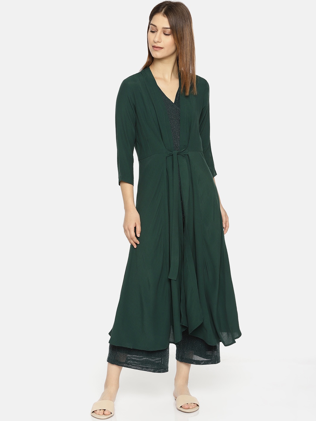 

CODE by Lifestyle Olive Green Solid Longline Tie-Up Shrug