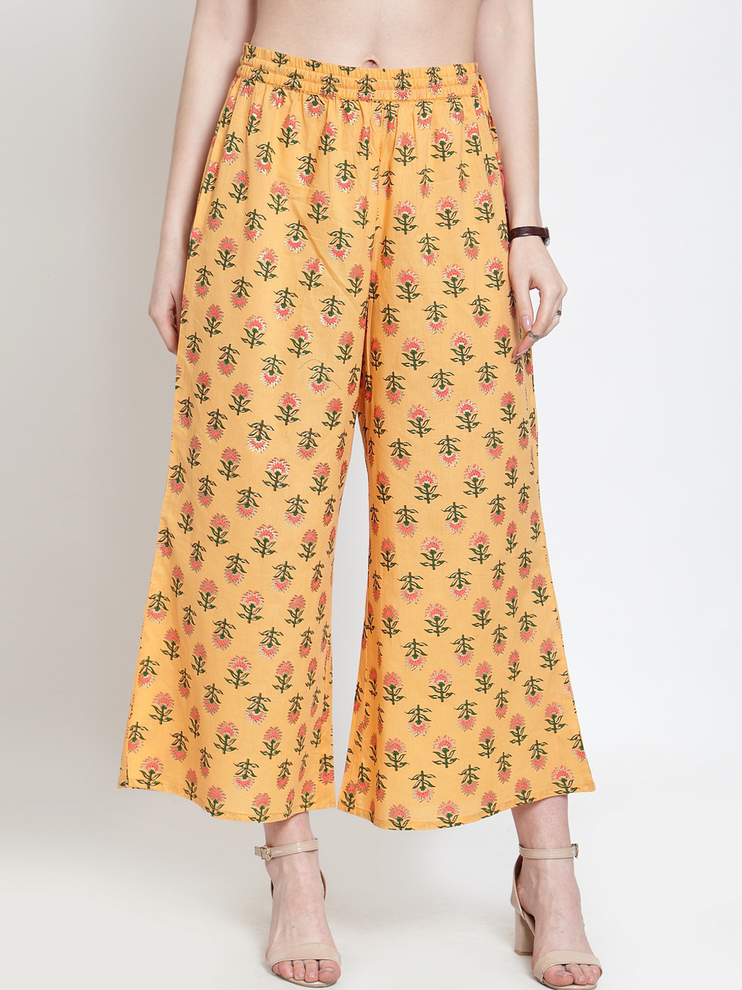 

Varanga Women Peach-Coloured & Green Printed Straight Palazzos