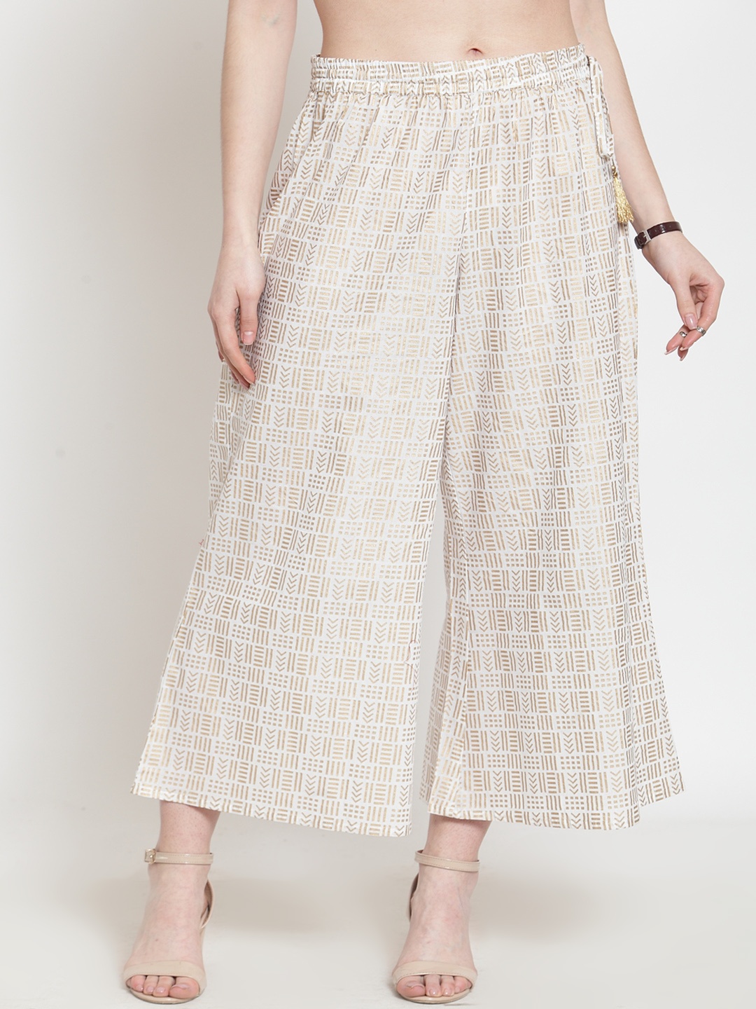 

Varanga Women Off-White & Golden Ivory Print Wide Leg Palazzos