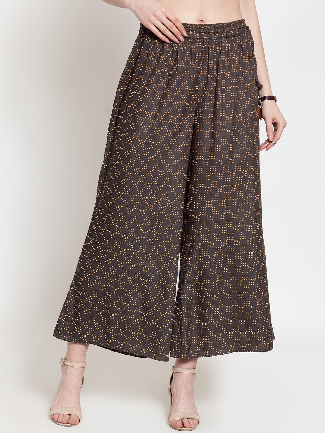 

Varanga Women Charcoal Grey & Yellow Printed Wide Leg Palazzos