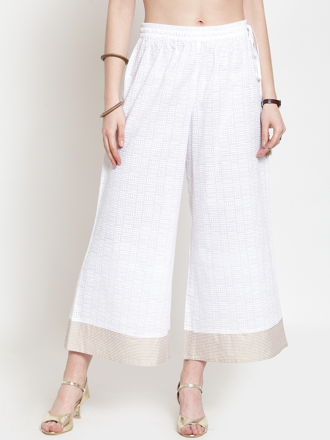 

Varanga Women White Printed Wide Leg Palazzos