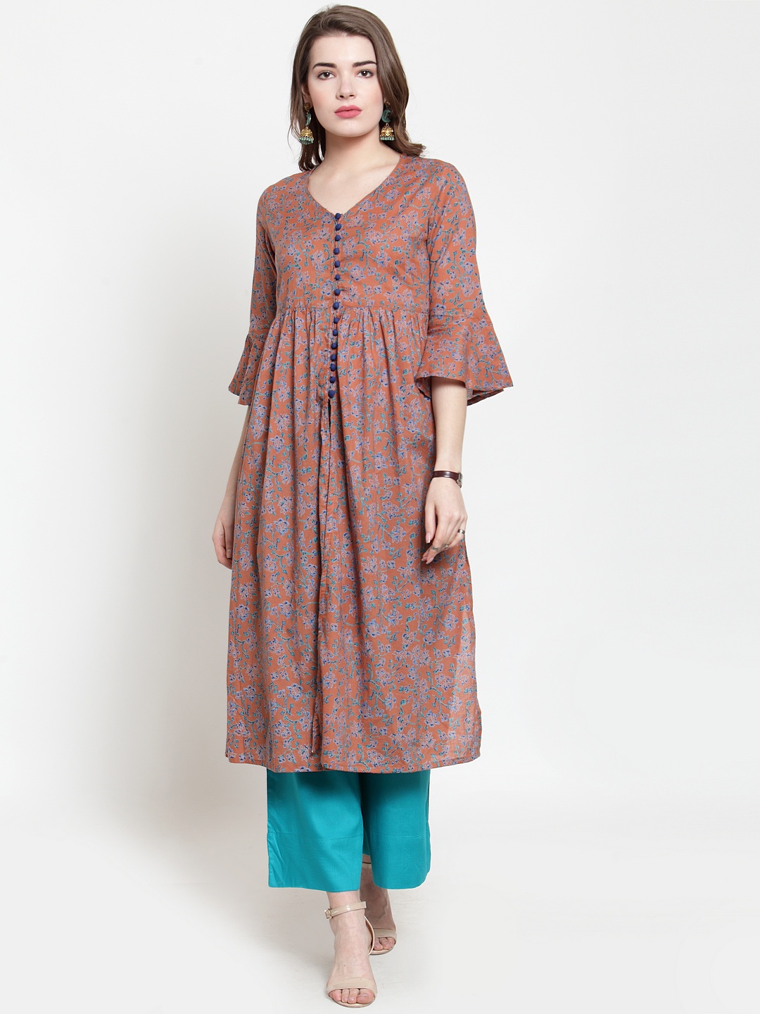 

Varanga Women Tan Brown & Turquoise Blue Printed Kurta with Palazzos