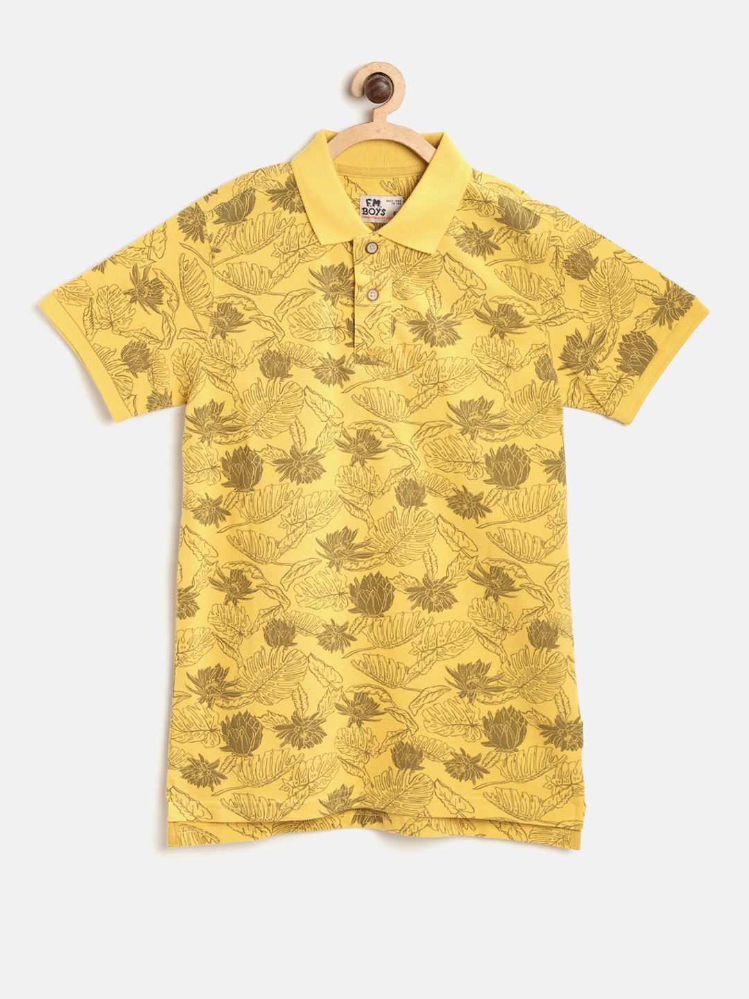 

Flying Machine Boys Mustard Yellow & Olive Brown Printed Polo Collar T-shirt