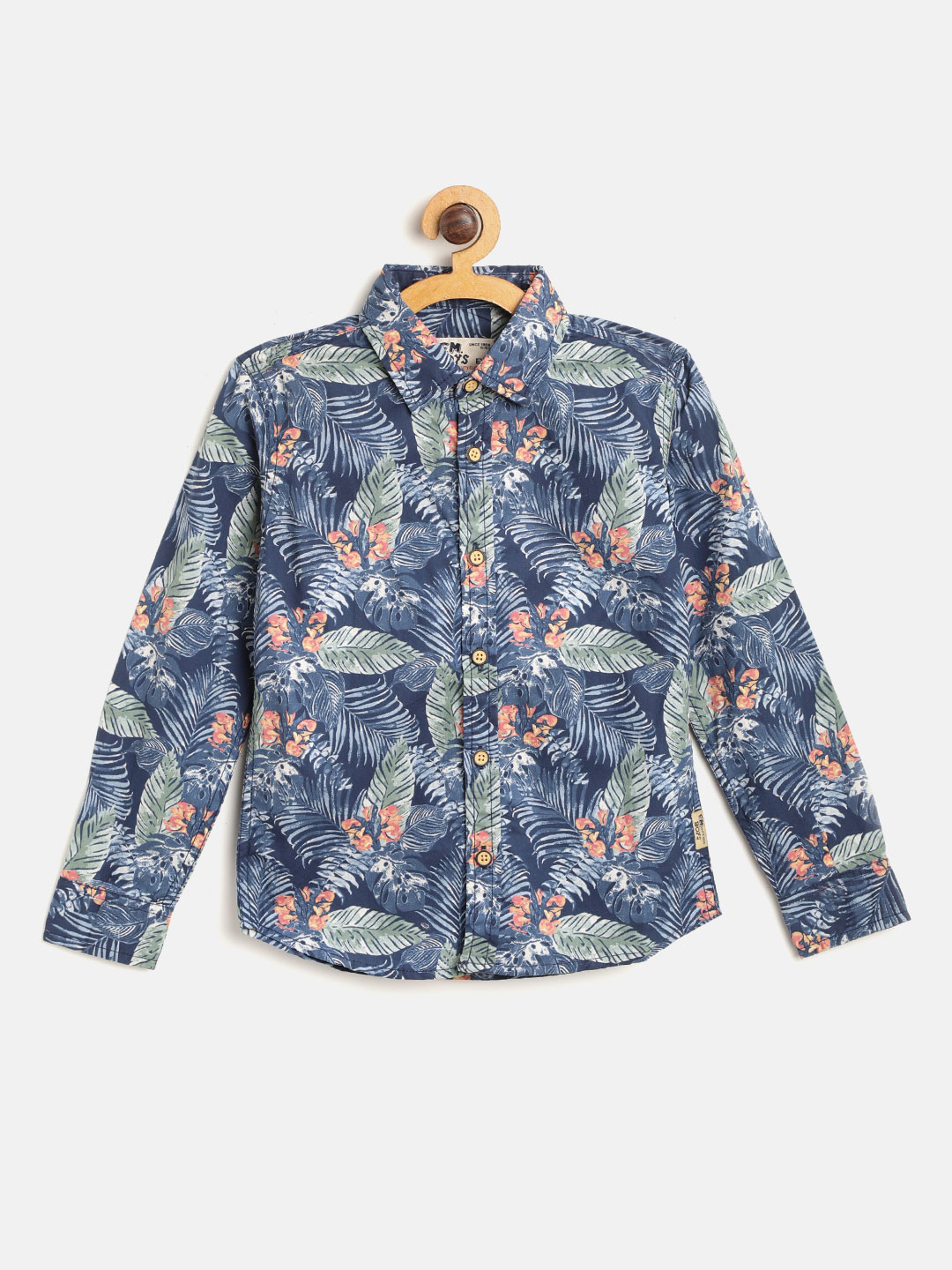 

Flying Machine Boys Navy Blue & Green Regular Fit Tropical Print Casual Shirt
