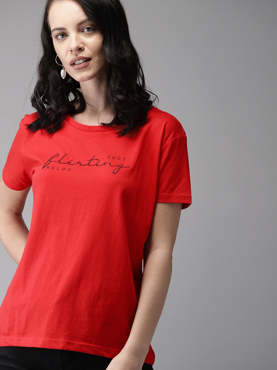

HERENOW Women Red Self Design Round Neck Pure Cotton T-shirt