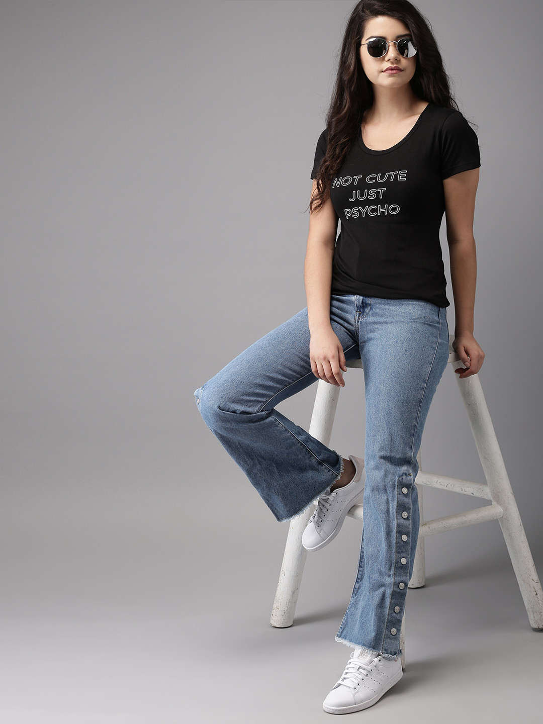 

HERENOW Women Black Printed Round Neck Pure Cotton T-shirt
