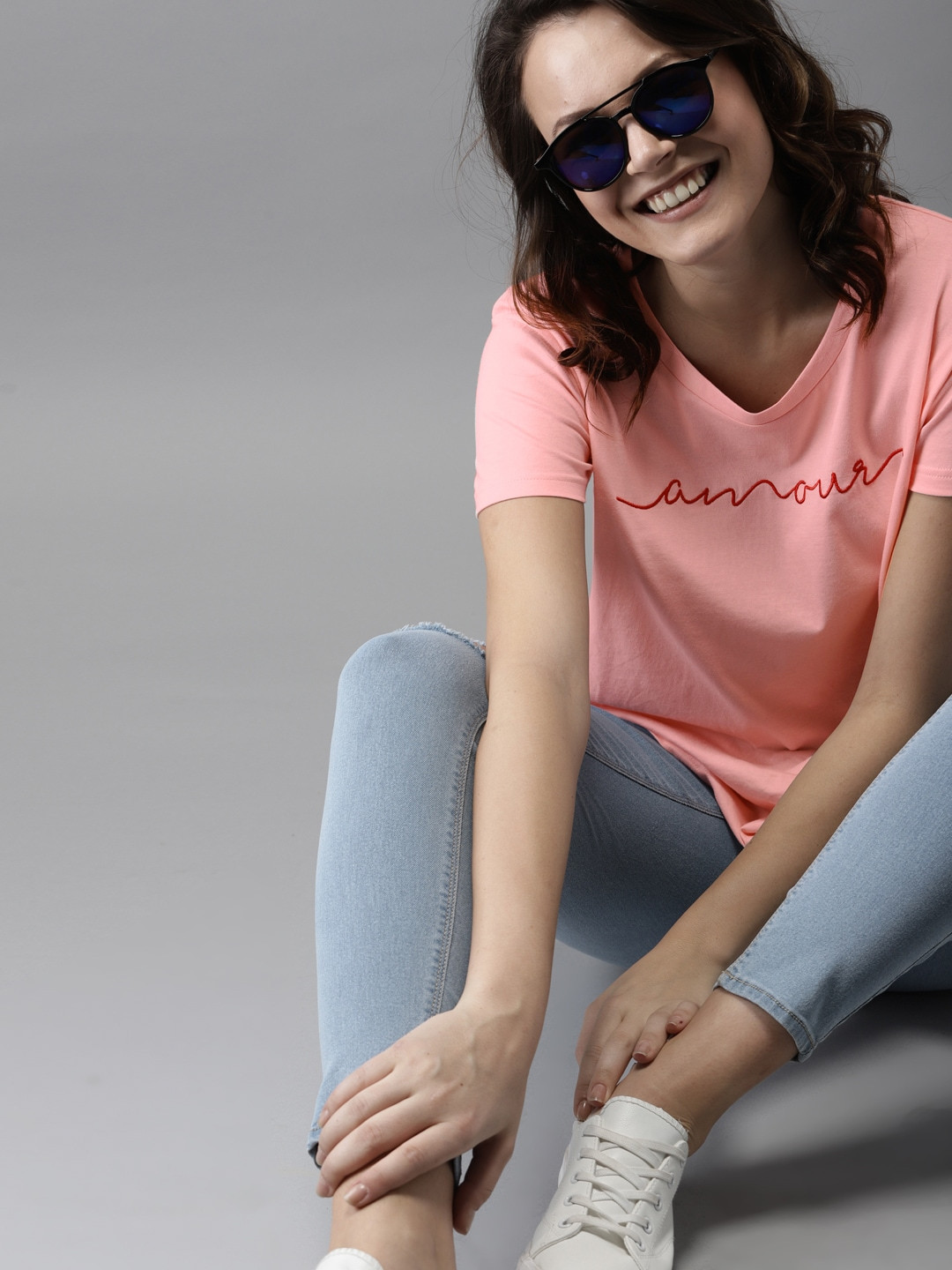 

HERENOW Women Peach-Coloured Pure Cotton T-shirt