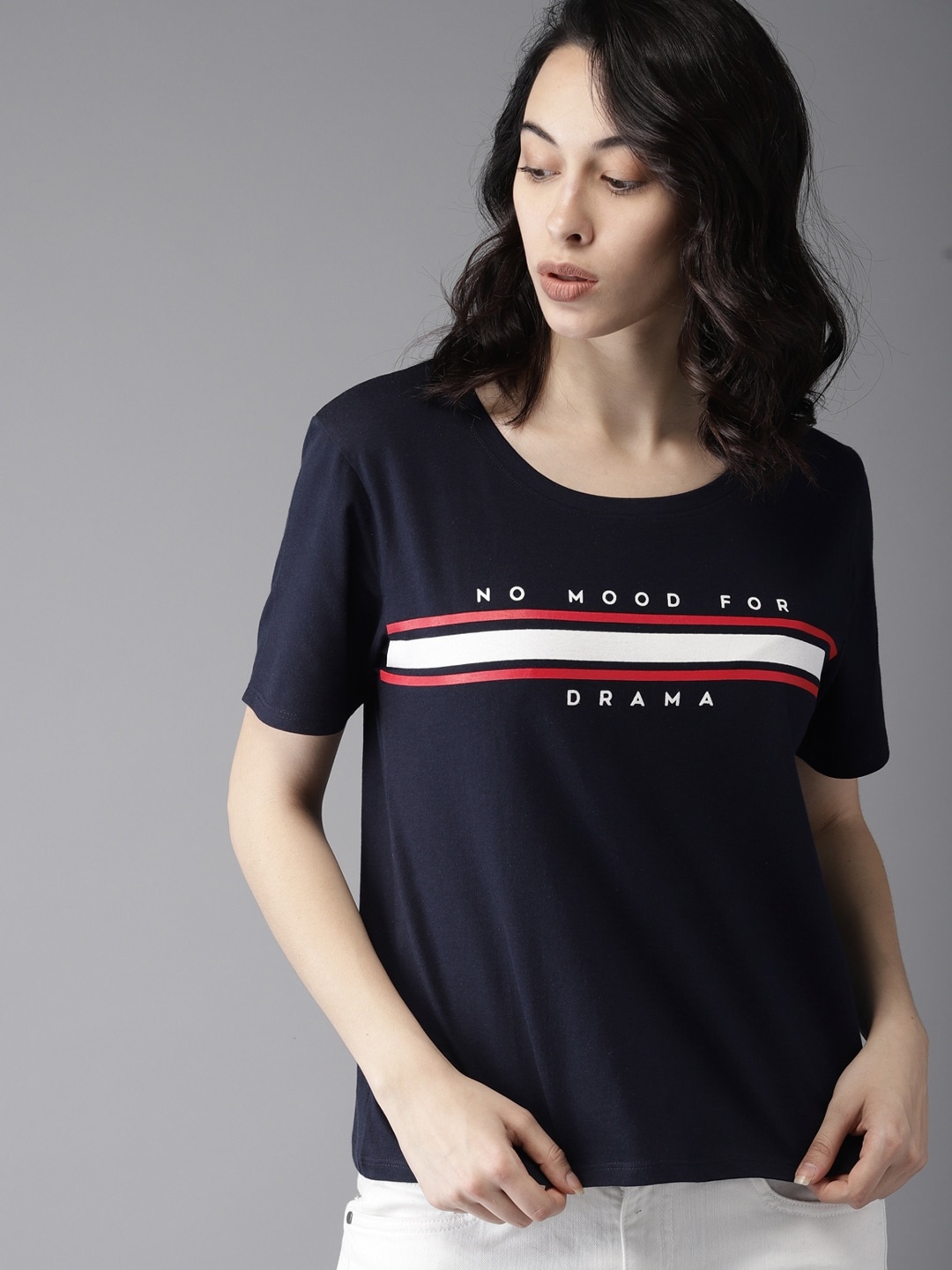 

Moda Rapido Women Navy Blue Printed Round Neck Pure Cotton T-shirt